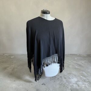 Vintage Black Crochet Fringe Poncho O/S